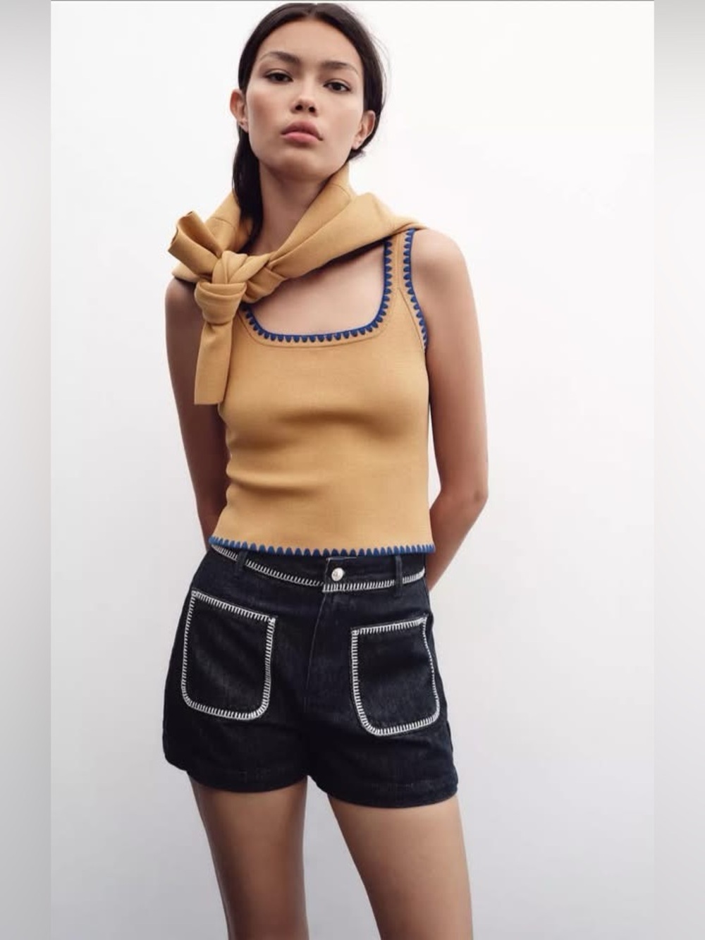 Zara Contrast Embroidery Knit Top | Camel & Blue | Size M